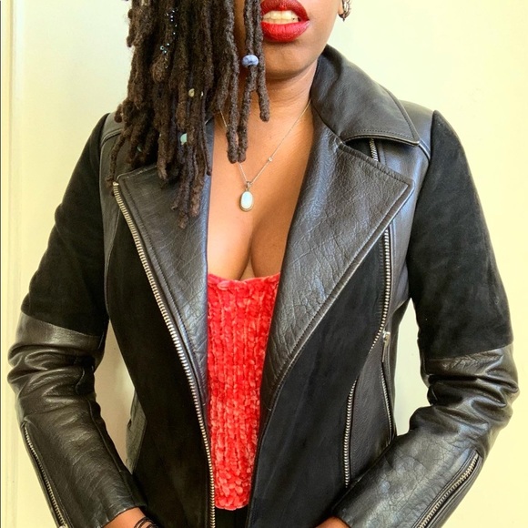 Topshop Black Suede and Leather Moto Jacket Sustainable Fashion with Zero Waste - Picture 4 of 6